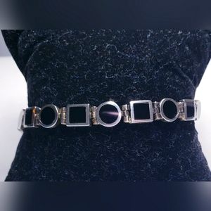 Vintage Sterling Silver Geometric Design Black Onyx Panel Bracelet 8"